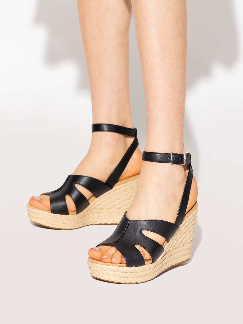 UGG Black Leather Wedge Espadrilles with Ankle Strap Size 9.5 NEW